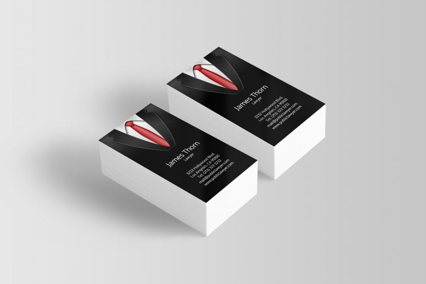 black suit with red tie business cards mockup 04