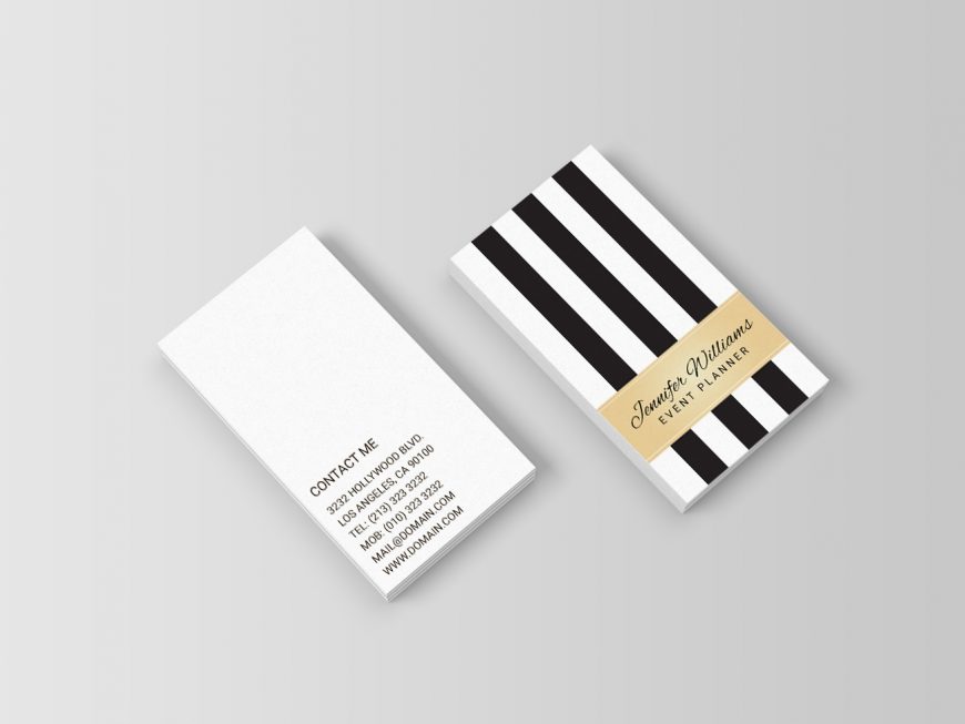 Trendy Black and White Stripes Faux Gold Business Cards
