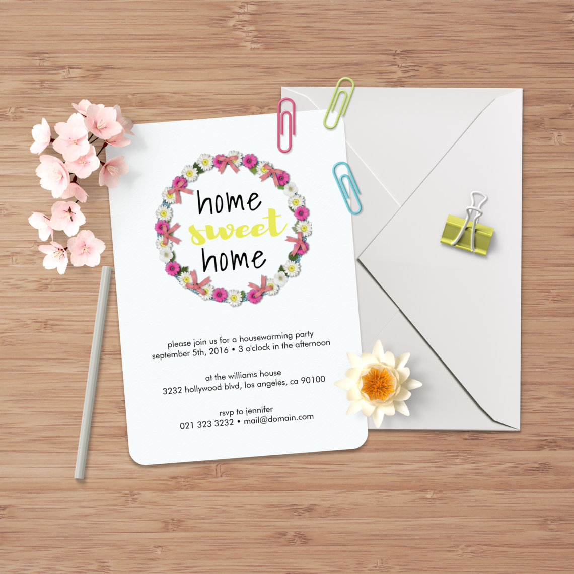 Floral Wreath Home Sweet Home Housewarming Party Invitation by J32 Design