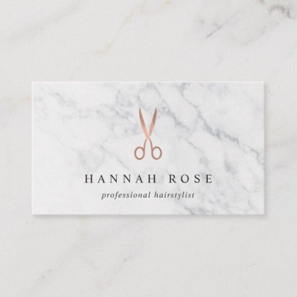Marble & Rose Gold Scissors Logo Hairstylist Business Card