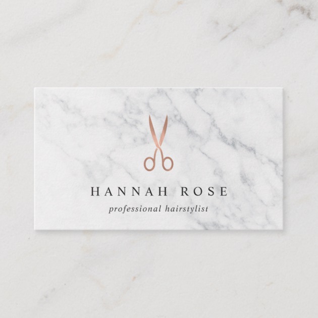 Marble & Rose Gold Scissors Logo Hairstylist Business Card