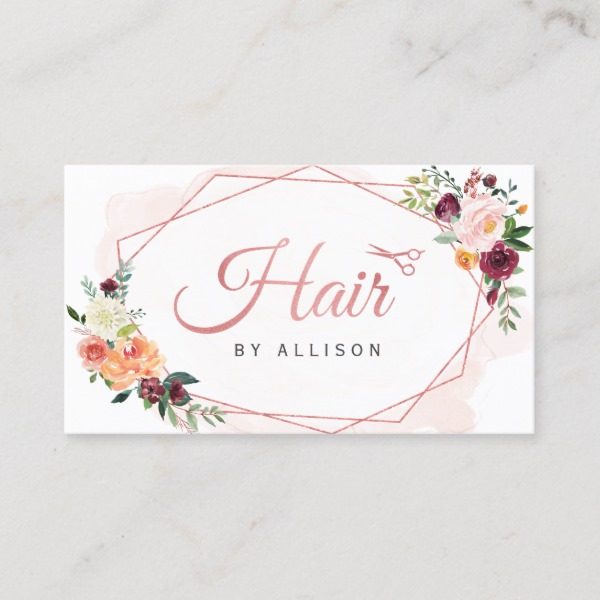 Modern Geometric Frame Floral Hair Stylist Business Card