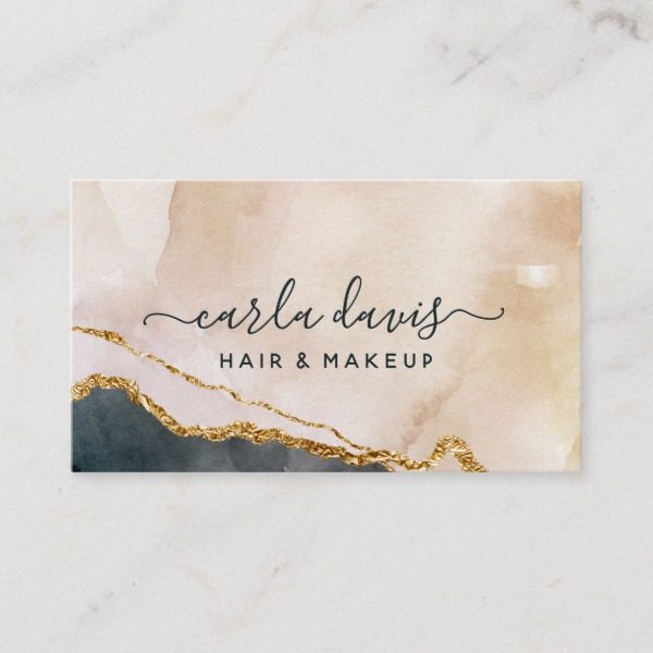 Signature Script Watercolor Pink Black Gold Marble Business Card