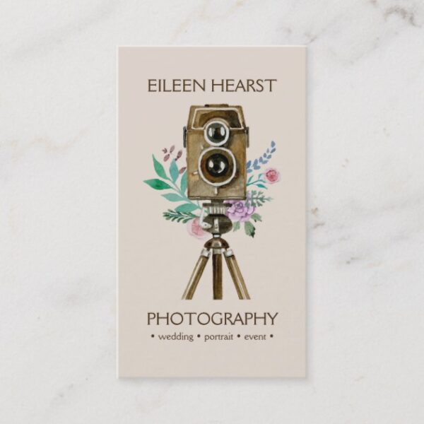 vintage camera flowers watercolor photography business card r2e5067a18dd540dabe918d5cf7066221 em40b 630