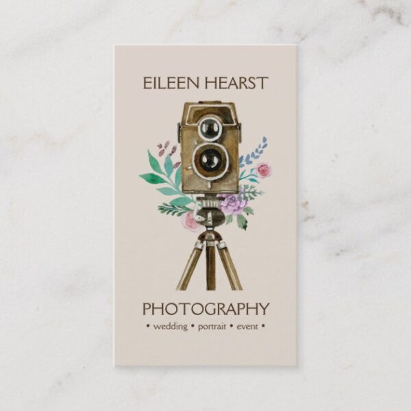 Vintage Camera & Flowers Watercolor Photography Business Card